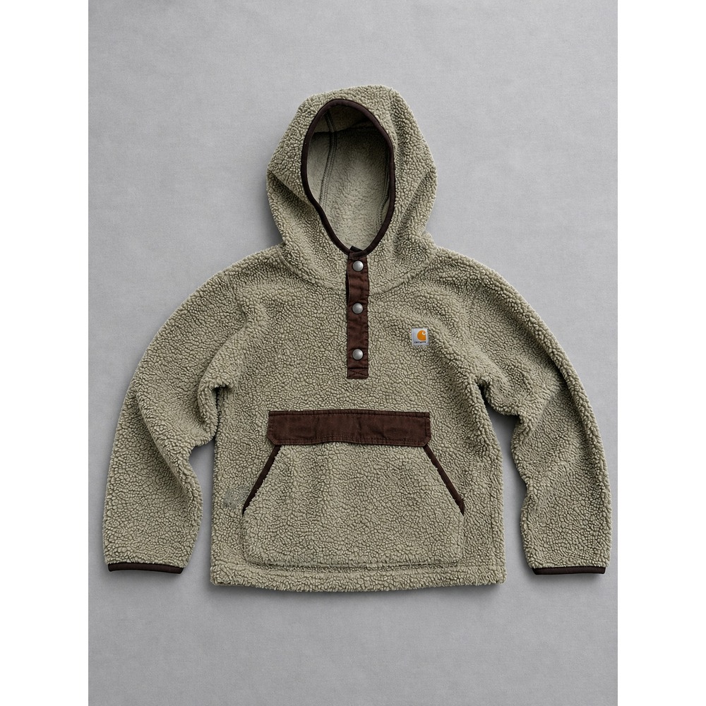 Carhartt Boys Size 7 Sherpa Fleece Hoodie Beige Brown Half Snap Pullover